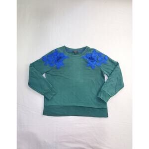 J.Crew Sz S Green Blue Sweater With Floral Appliqué Women's Ca2